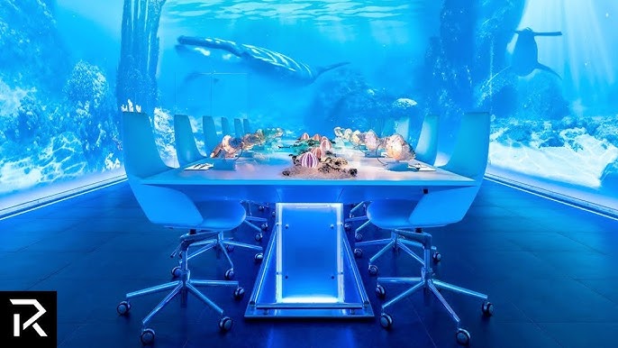 A table with chairs in front of a large aquariumDescription automatically generated